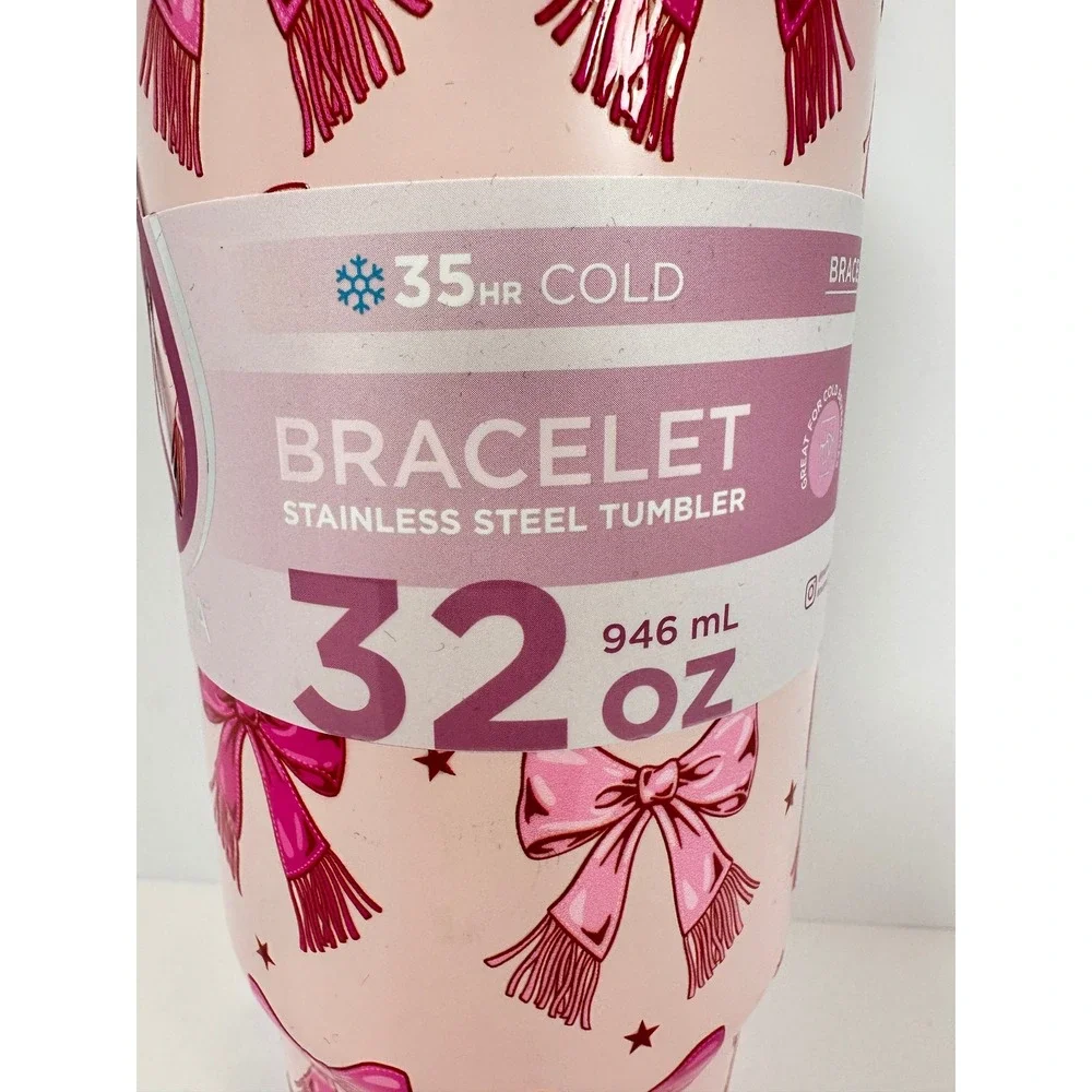Manna Bracelet Tumbler Women 32oz‎ Pink NEW 3D Bow Stainless Steel Straw Handle